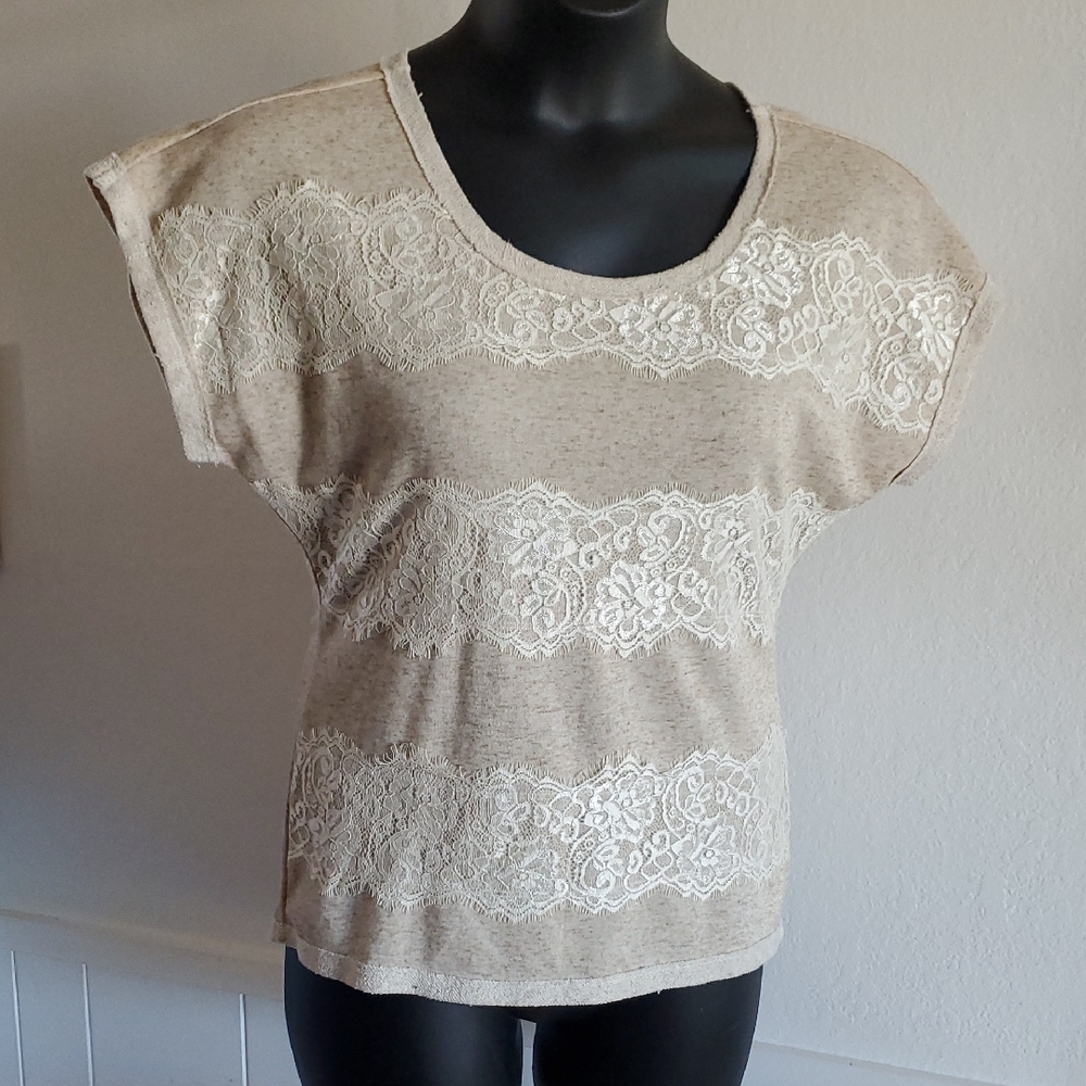Maurices Beige Lace Short Sleeve Top
